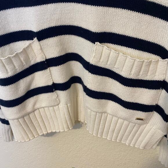 Holly Whyte Lindex Cream & Navy Blue Striped Nautical Fisherman Knit Sweater Lg - Picture 3 of 7